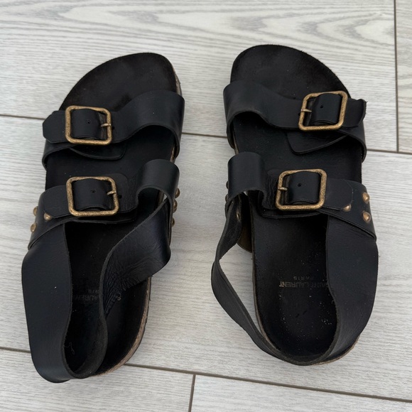 Saint Laurent 37.5 Jam Flat Slingback sandals black leather gold luxury summer - Picture 7 of 16